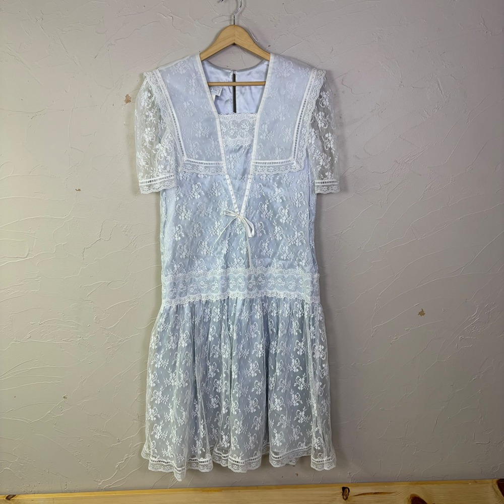 Vintage Gunne Sax Lace Dress Womens 9/10 Blue Drop Waist Sailor Collar Cottage